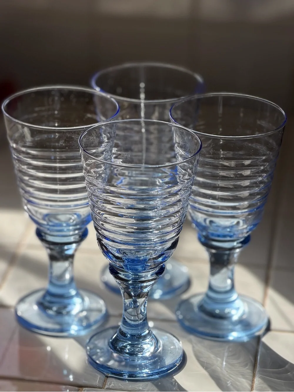 Set of Four, Vintage 90s Blue Ribbed Glass Goblets - Set of Decorative Glasses